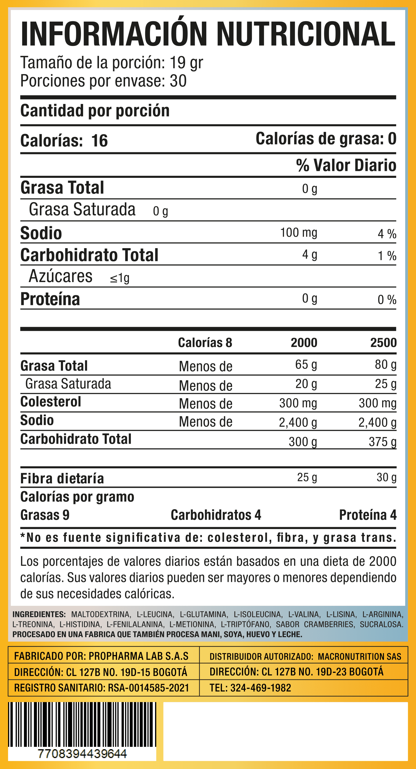 Tabla nutrimental EAAs Aminos Mix
